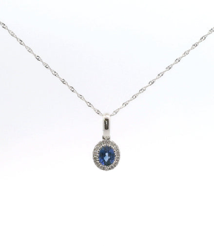 14K White Gold Diamond & Sapphire Oval Shaped Pendant Necklace 18"