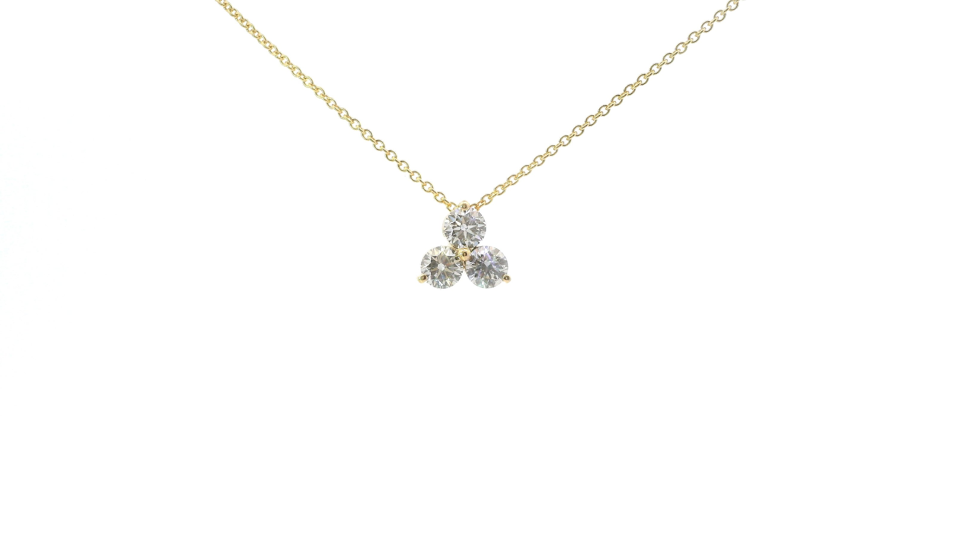 14K Yellow Gold 1 CT Diamond Three Stone Cluster Pendant Necklace