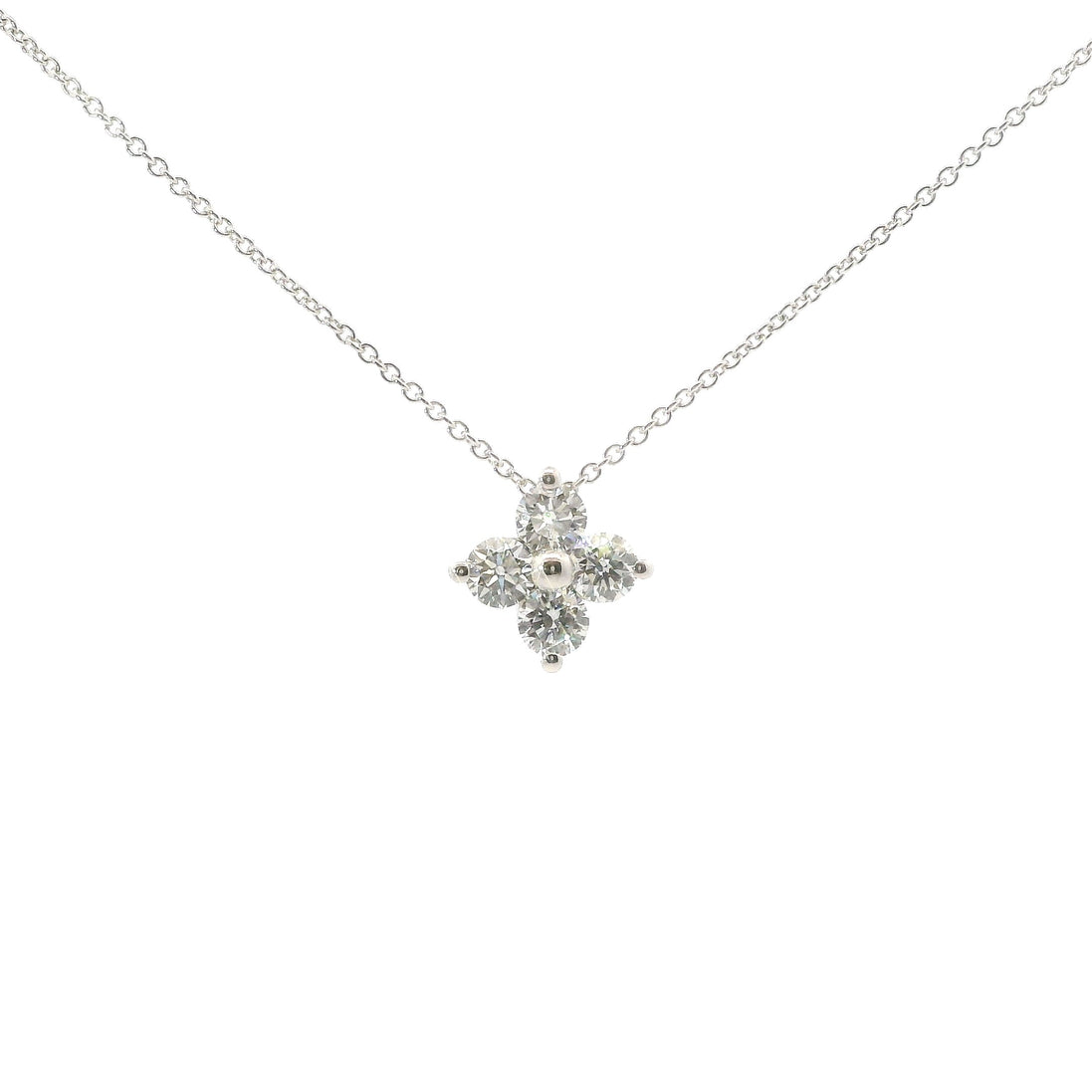 14K White Gold 1 CT Four Stone Cluster Pendant Necklace