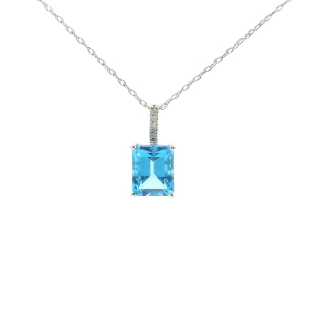 14K White Gold Diamond And Blue Topaz Emerald Cut Pendant Necklace