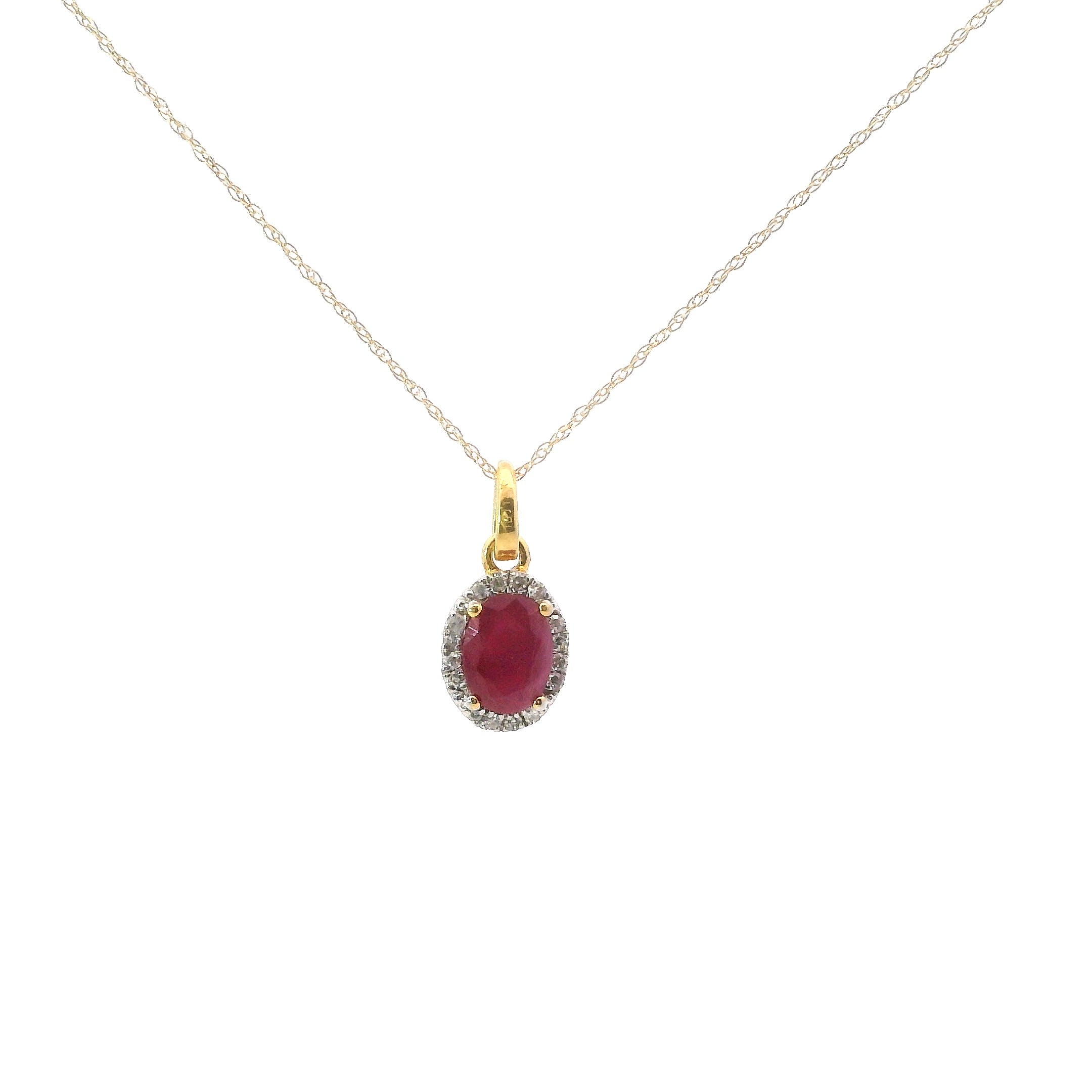 14K Yellow Gold Diamond And Ruby Oval Halo Pendant Necklace
