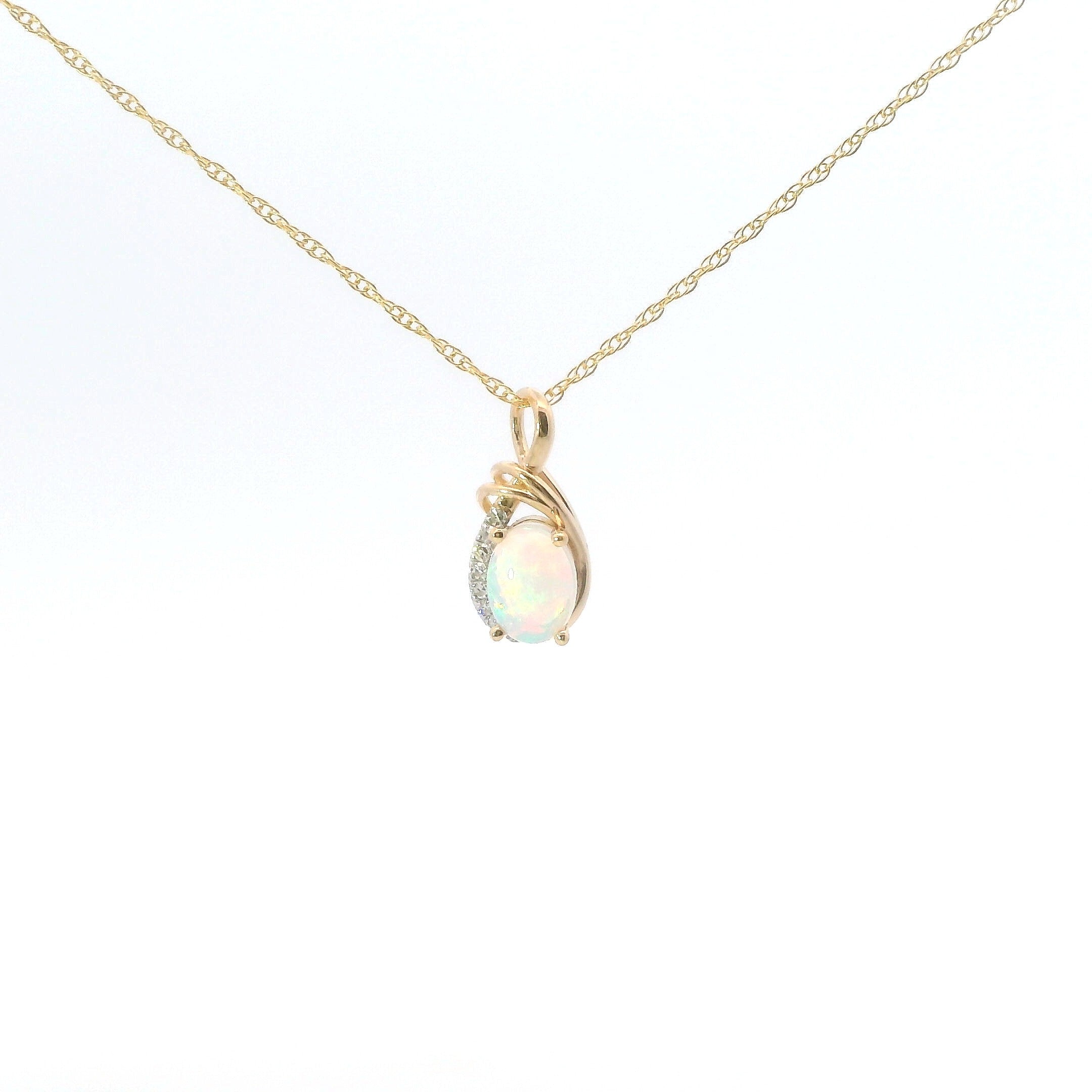 14K Yellow Gold Diamond And Ethiopian Opal Oval Pendant Necklace
