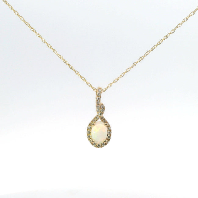 14K Yellow Gold Diamond And Ethiopian Opal Oval Pendant Necklace