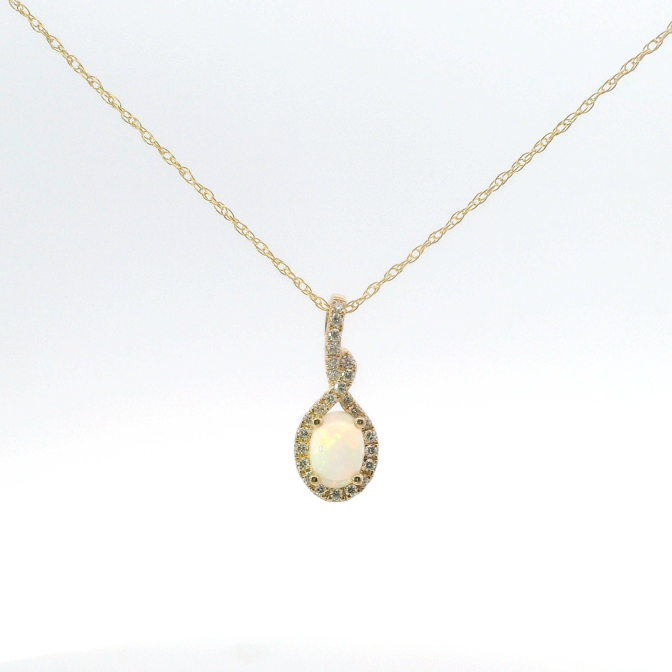 14K Yellow Gold Diamond And Ethiopian Opal Oval Pendant Necklace