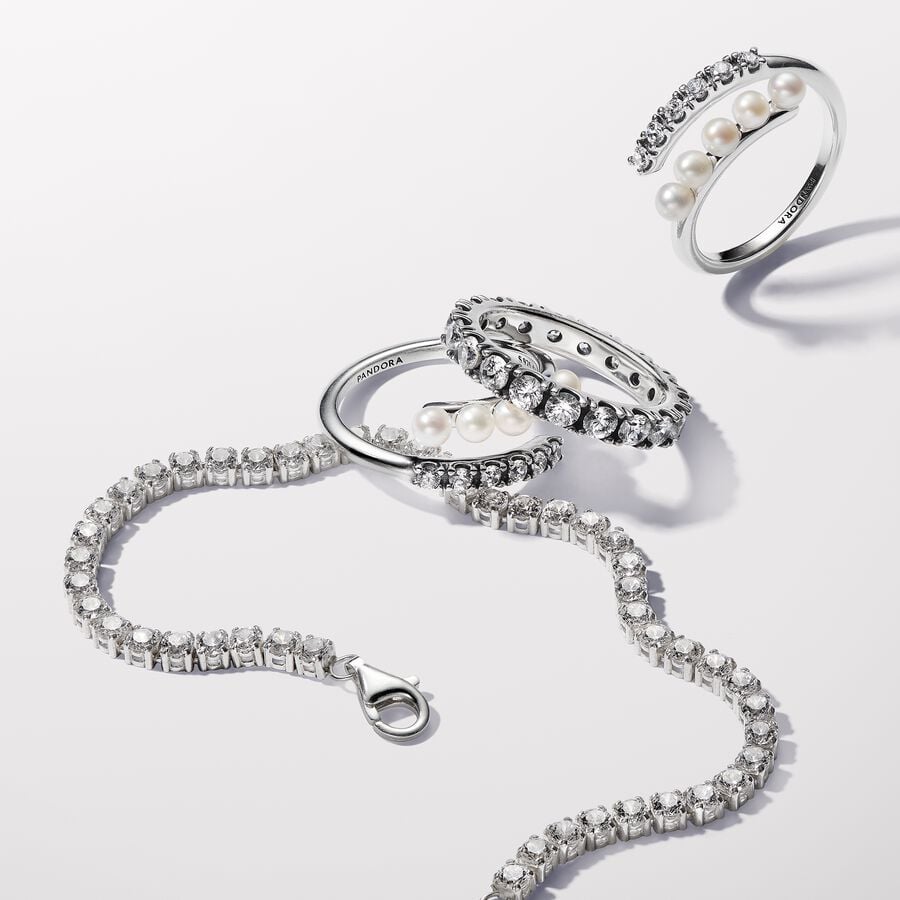 Pandora Timeless Treated Freshwater Cultured Pearls & Pavé Open Ring Size 7