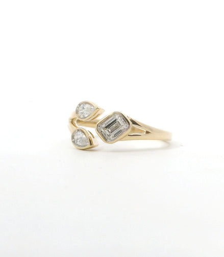 14K Yellow Gold Emerald and Pear Shaped Diamond Ring