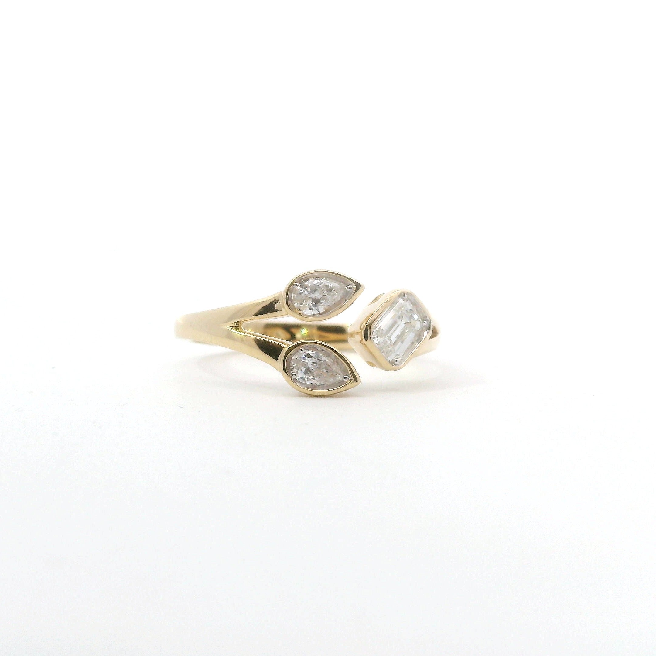 14K Yellow Gold Emerald and Pear Shaped Diamond Ring