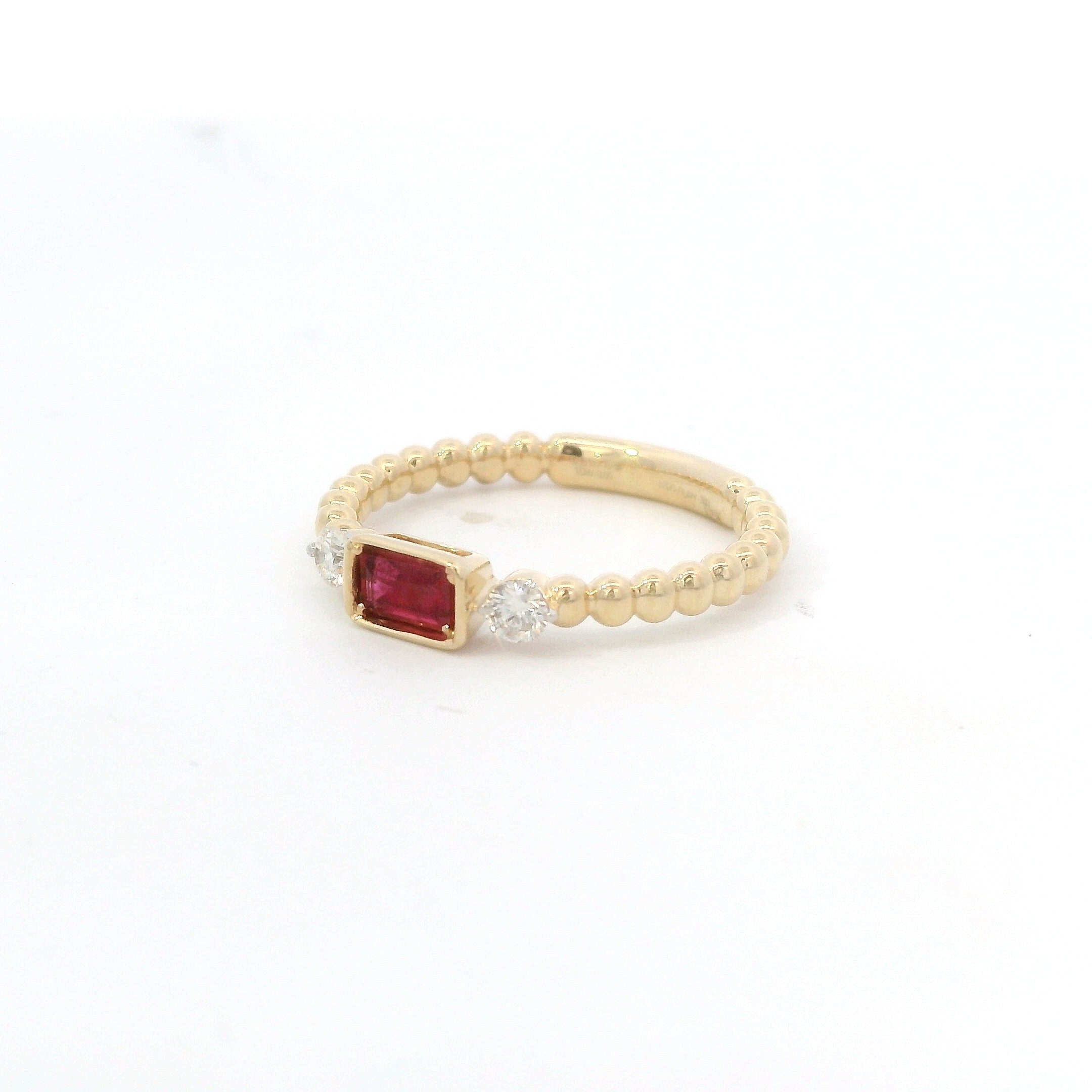 14K Yellow Gold Ruby and Diamond Beaded Stackable Fashion Ring