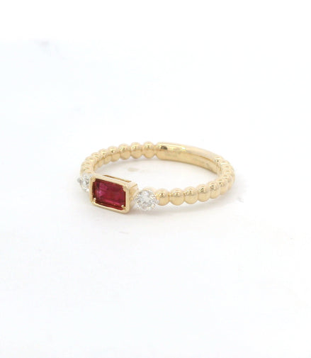 14K Yellow Gold Ruby and Diamond Beaded Stackable Fashion Ring