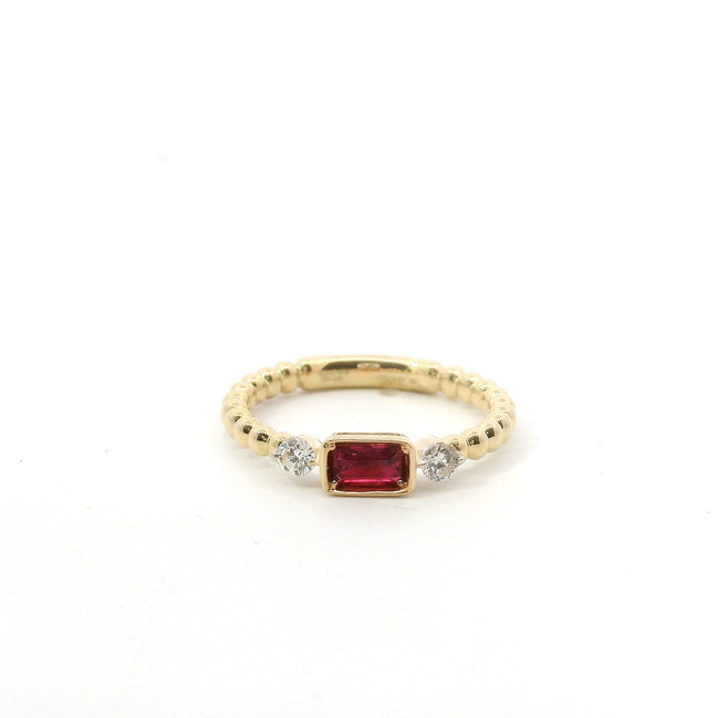14K Yellow Gold Ruby and Diamond Beaded Stackable Fashion Ring