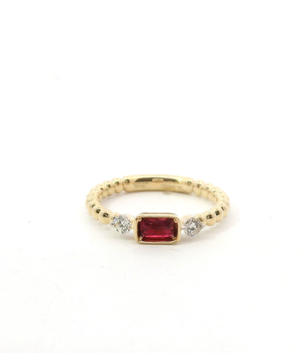 14K Yellow Gold Ruby and Diamond Beaded Stackable Fashion Ring