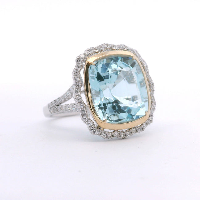 14K White Gold Aquamarine & Diamond Cushion Cut Fashion Ring