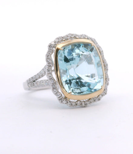 14K White Gold Aquamarine & Diamond Cushion Cut Fashion Ring