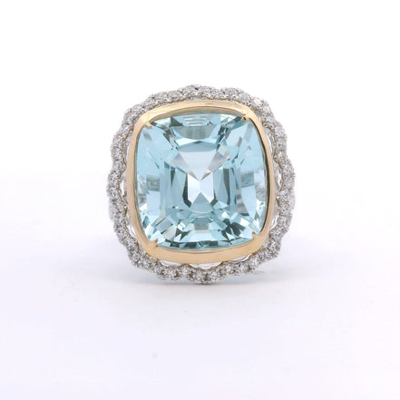 14K White Gold Aquamarine & Diamond Cushion Cut Fashion Ring