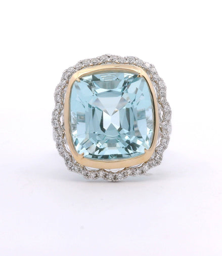 14K White Gold Aquamarine & Diamond Cushion Cut Fashion Ring