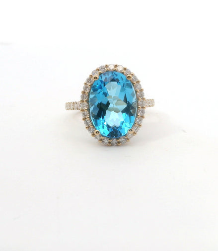 14K Yellow Gold Diamond & Blue Topaz Oval Shaped Fashion Ring