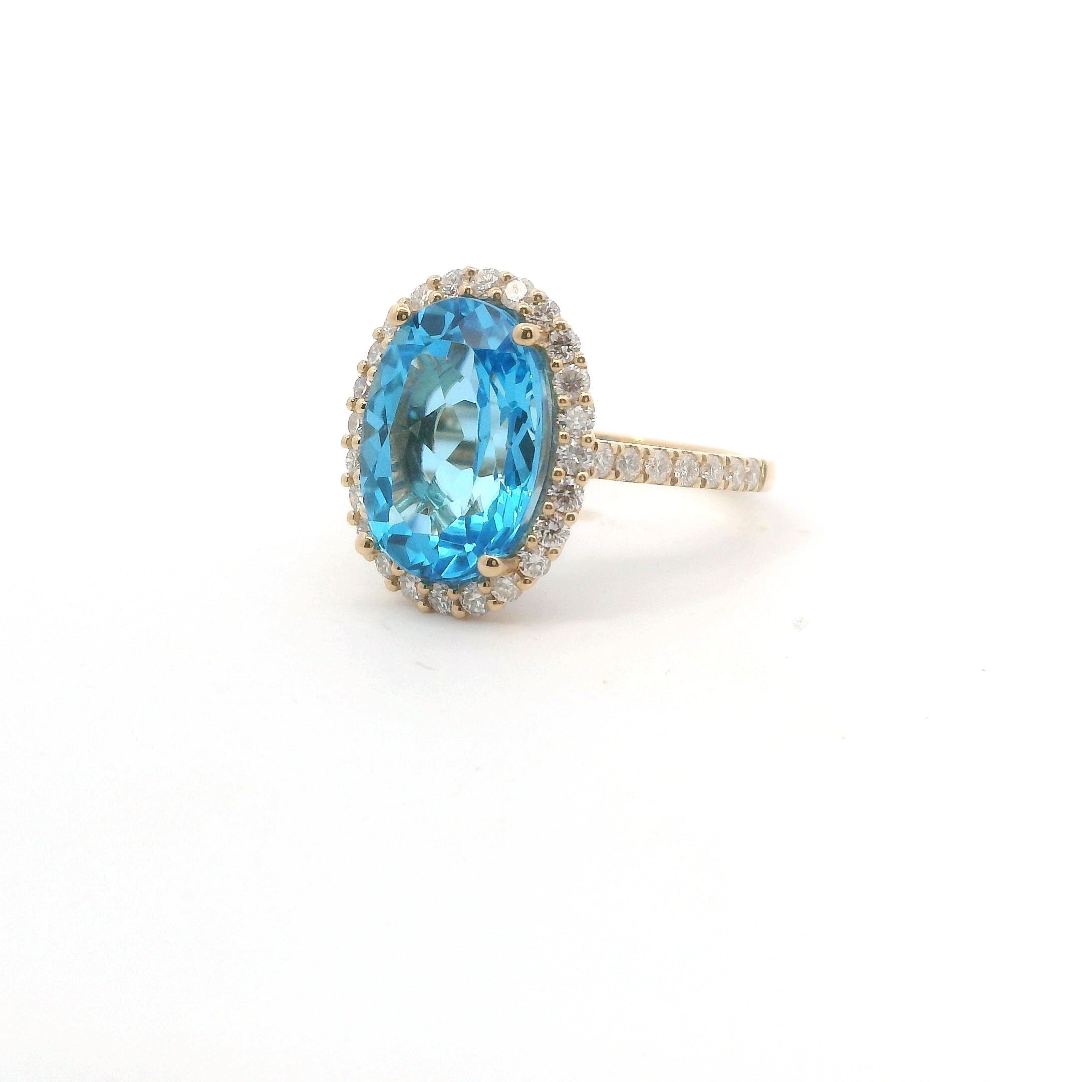 14K Yellow Gold Diamond & Blue Topaz Oval Shaped Fashion Ring