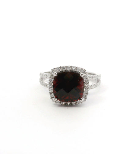 14K White Gold Diamond & Garnet Cushion Cut Fashion Ring