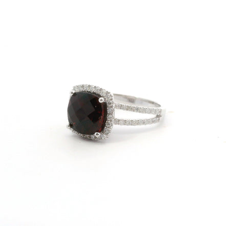 14K White Gold Diamond & Garnet Cushion Cut Fashion Ring