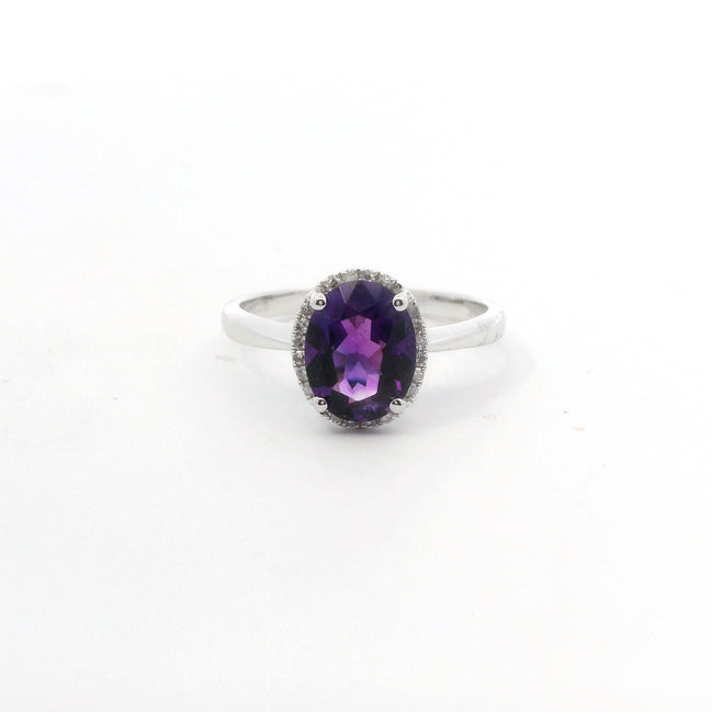 14K White Gold Diamond & Amethyst Oval Shaped Fashion Ring