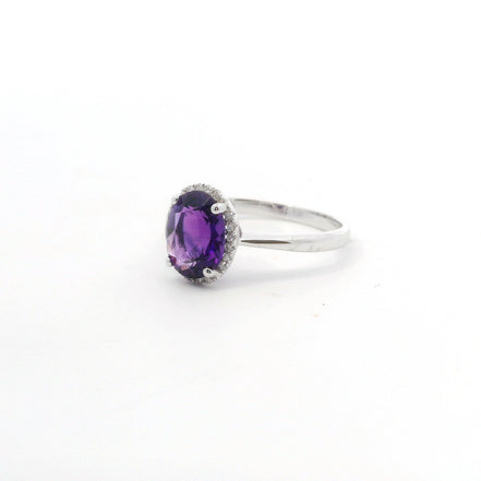 14K White Gold Diamond & Amethyst Oval Shaped Fashion Ring