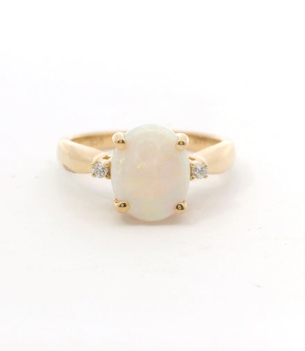 14K Yellow Gold Diamond & Opal Oval Shaped Fashion Ring