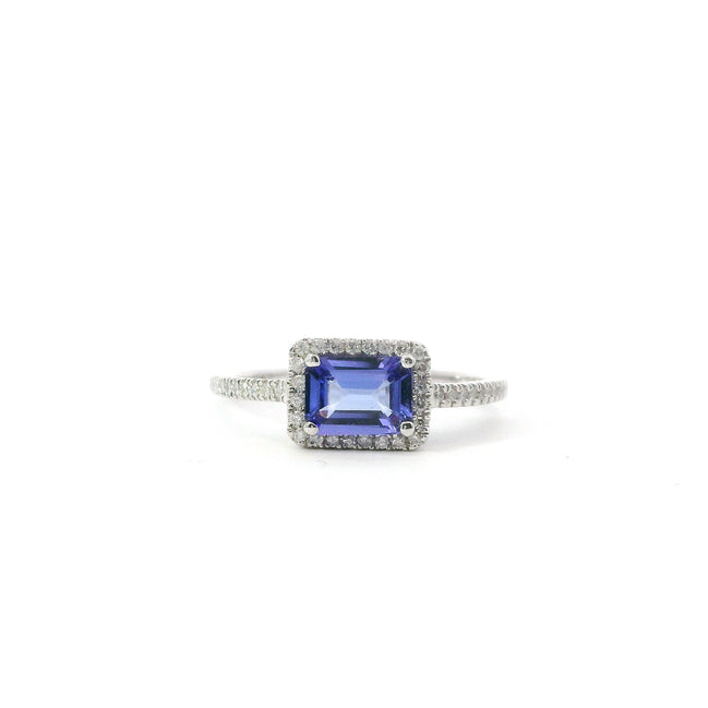 14K White Gold Diamond And Tanzanite Halo Fashion Ring