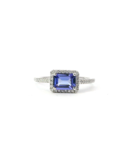 14K White Gold Diamond And Tanzanite Halo Fashion Ring