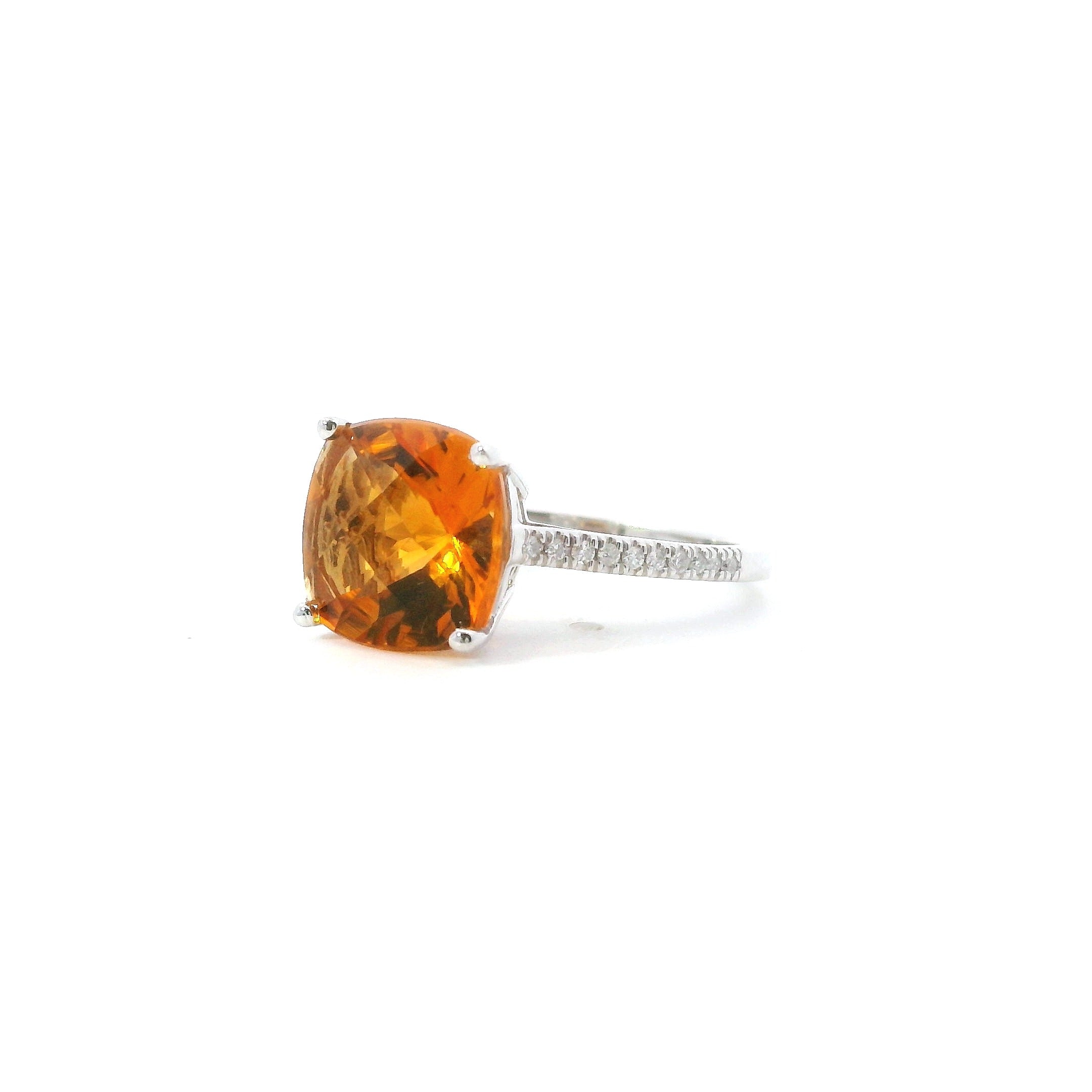 14K White Gold Diamond And Citrine Cushion Cut Fashion Ring