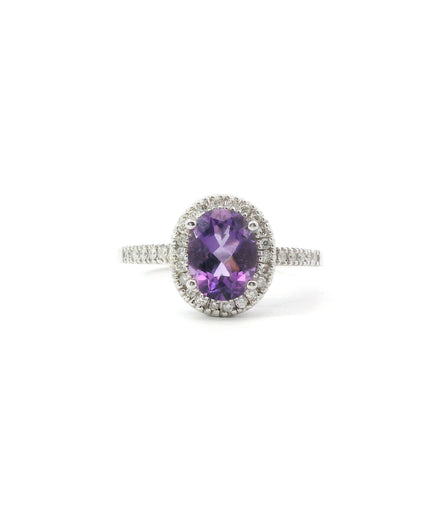 14K White Gold Diamond And Amethyst Oval Halo Fashion Ring