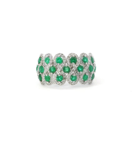 14K White Gold Diamond Infinity Halo And Emerald Fashion Ring