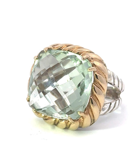 Raymond Mazza 14K Gold And Sterling Silver Cushion Cut Green Amy Stone Ring