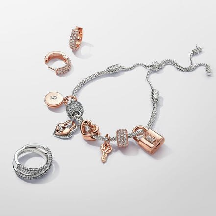 Pandora Moments Two-tone Twistable Heart Padlock Double Dangle Charm
