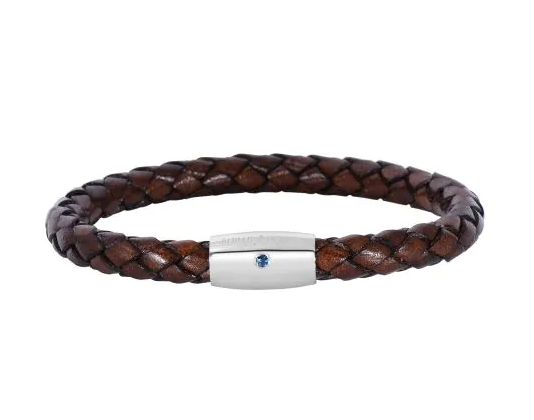 Woven Brown Cow Leather Bracelet With Sapphire And Sterling Silver Barrel Clasp 8"