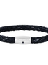 Woven Black Cow Leather Bracelet With Sapphire And Sterling Silver Barrel Clasp 8"