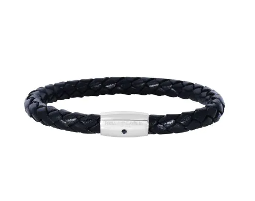Woven Black Cow Leather Bracelet With Sapphire And Sterling Silver Barrel Clasp 8"
