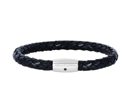 Woven Black Cow Leather Bracelet With Sapphire And Sterling Silver Barrel Clasp 8"