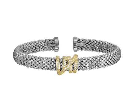 Sterling Silver And 18K Yellow Gold 7MM Popcorn Diamond Tally Cuff Bracelet