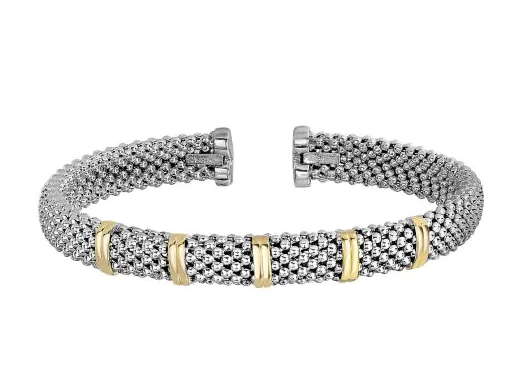Sterling Silver And 18K Yellow Gold 7MM Popcorn And Gold Bar Cuff Bracelet