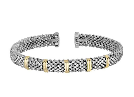 Sterling Silver And 18K Yellow Gold 7MM Popcorn And Gold Bar Cuff Bracelet