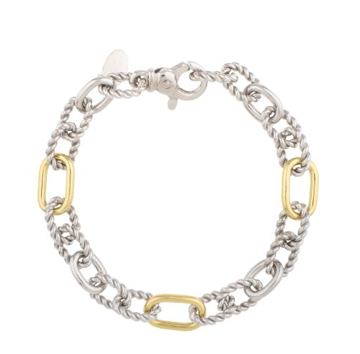 Sterling Silver And 18K Yellow Gold Oval Alternating Link Italian Cable Bracelet 7.5"