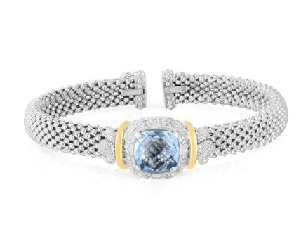 Sterling Silver And 18K Yellow Gold 8MM Cushion Blue Topaz Cuff Bangle Bracelet