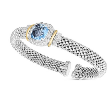 Sterling Silver And 18K Yellow Gold 8MM Cushion Blue Topaz Cuff Bangle Bracelet