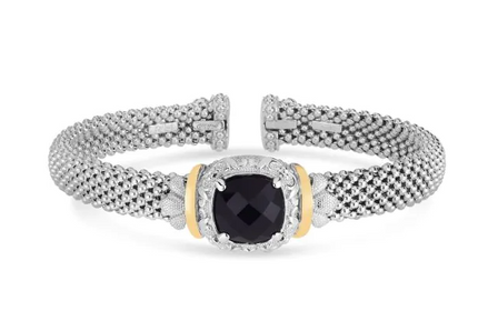 Sterling Silver And 18K Yellow Gold 8MM Cushion Onyx Popcorn Bangle Bracelet