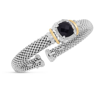 Sterling Silver And 18K Yellow Gold 8MM Cushion Onyx Popcorn Bangle Bracelet