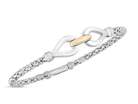 Sterling Silver And 18K Yellow Gold 3MM Popcorn Double Hook Infinity Bangle Bracelet 7.25"