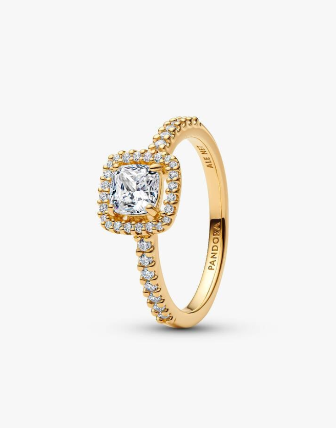 Pandora Timeless 14K Gold-Plated Sparkling Square Clear Halo Ring Size 6