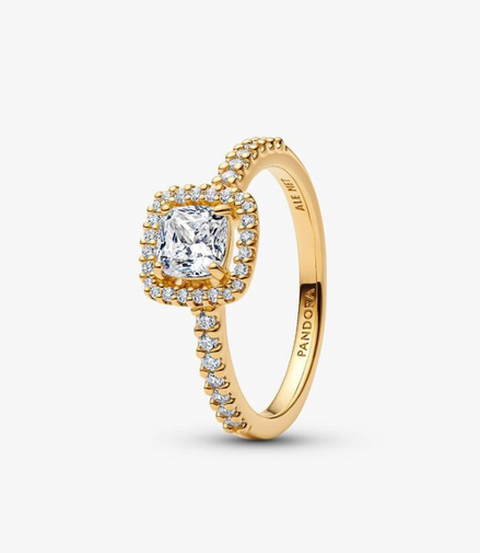 Pandora Timeless 14K Gold-Plated Sparkling Square Clear Halo Ring Size 6