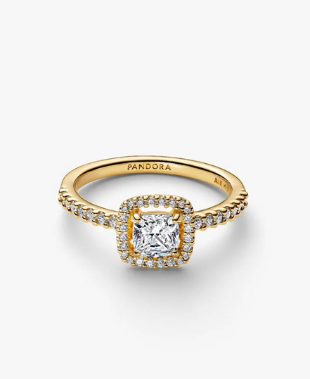 Pandora Timeless 14K Gold-Plated Sparkling Square Clear Halo Ring Size 6