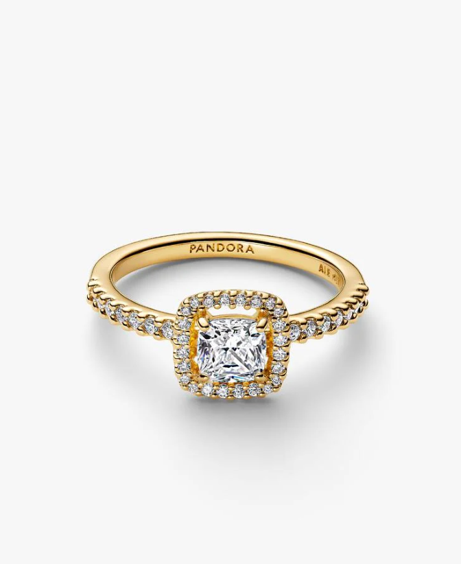 Pandora Timeless 14K Gold-Plated Sparkling Square Clear Halo Ring Size 6